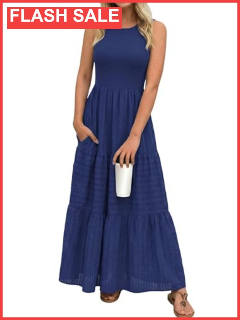 Sleeveless Maxi Dress A-Line High Waist Tiered Skirt Pockets Wrinkle Resistant